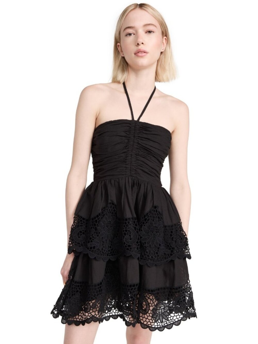Ulla Johnson Savannah Ruched Tiered Black Lace Mini Dress W/ Halter Strap, Sz 2